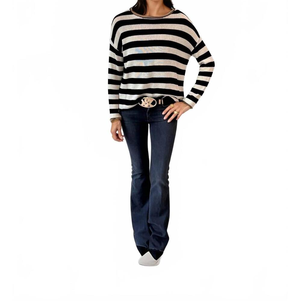 NEW MALIBU ROAD coastal luxe stripe knit sweater in blue